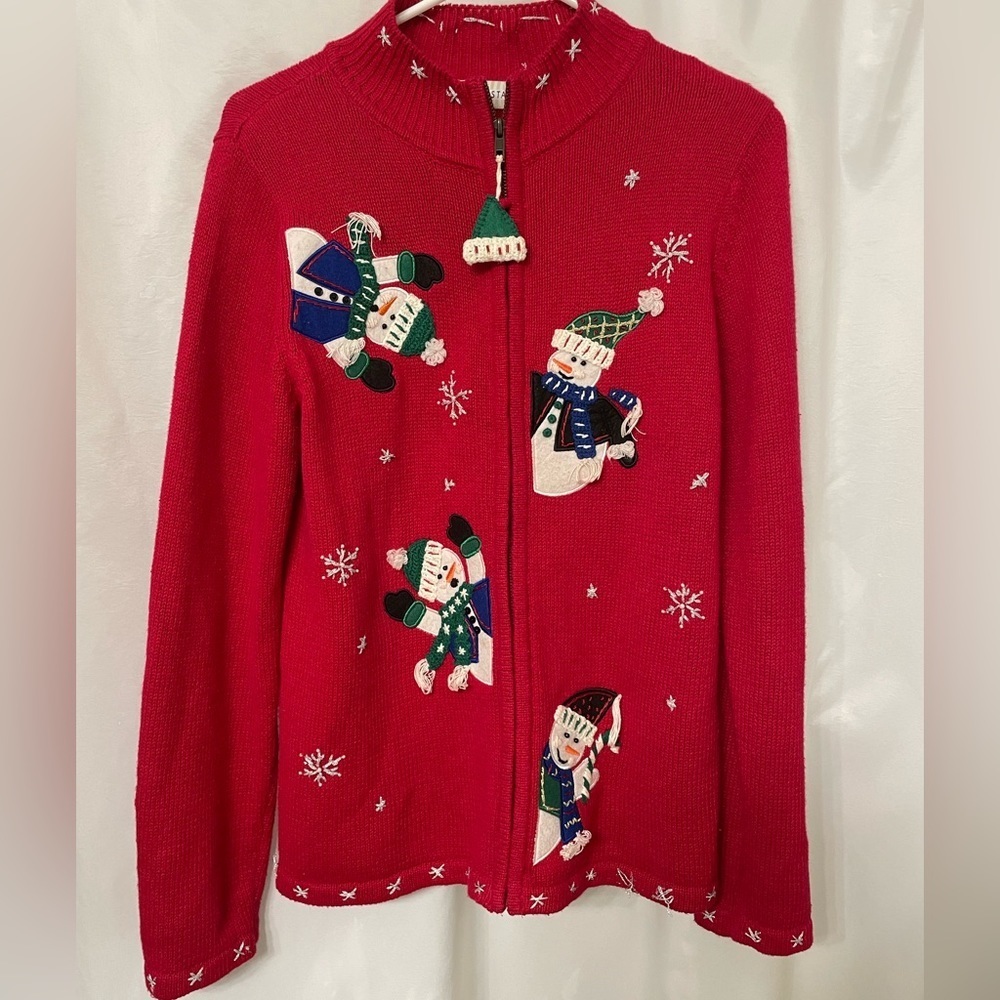 VTG White Stage‎ Ladies Christmas Sweater Snowman Size Medium